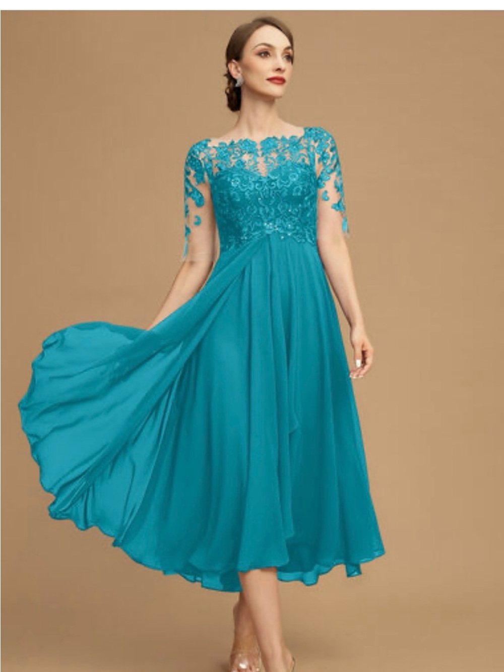 JJs House Teal Lace-Embroidered A-Line Midi Dress